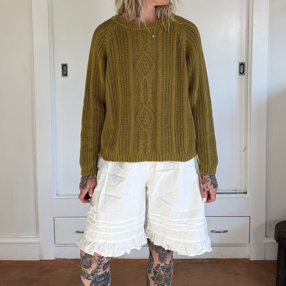 Vintage 1990s Olive Green Cable Knit Sweater Cotton Ramie Womens M